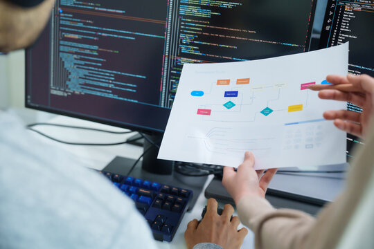 close up developer discussion about app flowchart coding at desk in modern office
