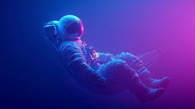 An astronaut relaxing in a hammock while floating in space with neon light.
