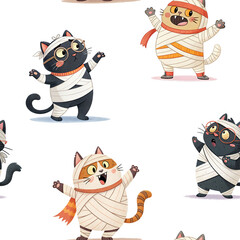seamless watercolor pattern cat halloween theme on white background	

