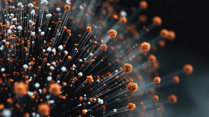 A close-up, abstract image showcasing vibrant orange and white elements resembling viral structures against a dark background.