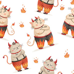 seamless watercolor pattern cat halloween theme on white background	

