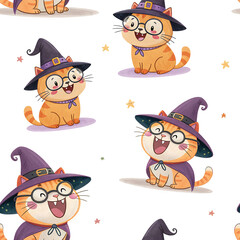 seamless watercolor pattern cat halloween theme on white background	
