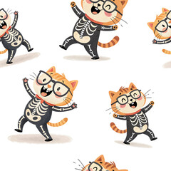 seamless watercolor pattern cat halloween theme on white background	
