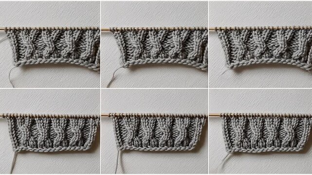 A six-panel close-up of a hand knitting a grey textured pattern with wooden knitting needles