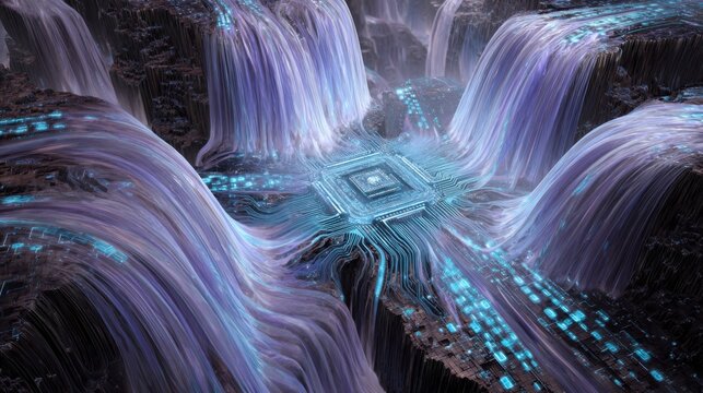 A futuristic landscape featuring cascading digital waterfalls flowing over a microchip, blending technology with natural elements. - Powered by Adobe