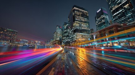 Obraz premium High quality photo of vibrant cityscape at night with streaking lights and wet reflections.