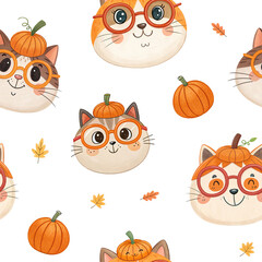 seamless watercolor pattern cat halloween theme on white background	
