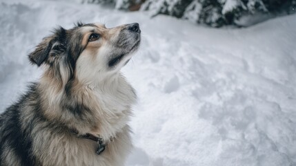 A dog gazes upward in a snowy landscape, showcasing its fluffy fur and attentive expression against a serene winter backdrop.
