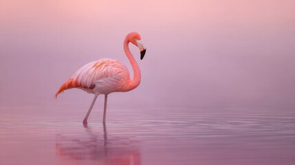 Fototapeta premium A serene pink-hued scene featuring a flamingo standing gracefully in calm water, surrounded by a misty atmosphere.