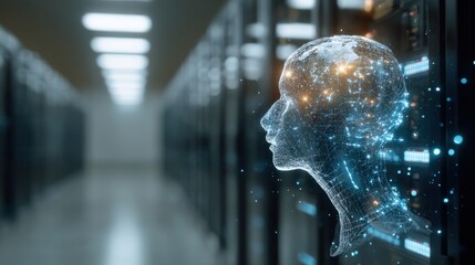 A digital representation of a human-like head made of glowing data, set against a backdrop of server racks, symbolizing artificial intelligence and technology.