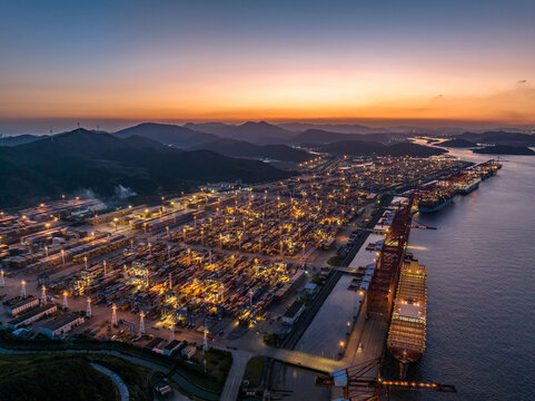aerial view port of ningbo at night