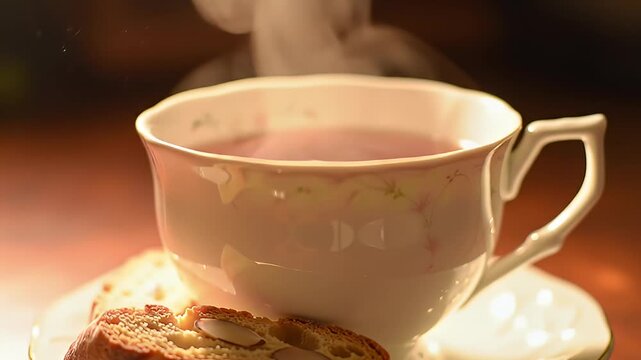 A cup of tea with biscotti and steam on a saucer, soft lighting, cozy, inviting scene