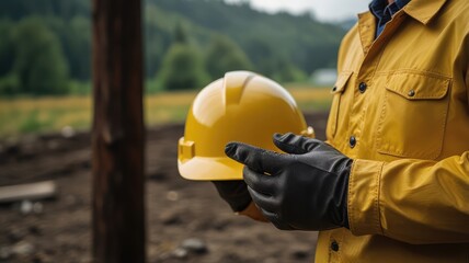 Close-up of a worker in protective gear holding a yellow hard hat outdoors.