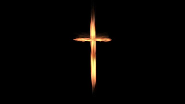 Realistic christian cross made by fire animation on black background. 4K animation for film ads and movie.