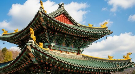 Artistic view of an ancient buddhist temple architecture in Asia skyline