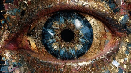 Bionic eye reflecting a kaleidoscope of emotions instead of reality, hyper-subjective perception, dark sapphire and bleeding gold