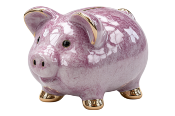 Pink piggy bank with gold accents symbolizes saving money and financial security on transparent background
