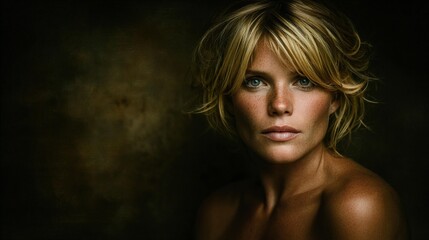 Fototapeta premium a portrait of a young woman with short blonde hair and striking blue eyes.