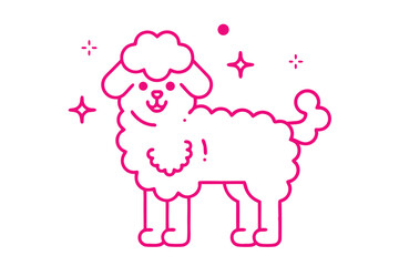 Cute Pink Outline Sheep Cartoon Character with Sparkling Elements, on White Background