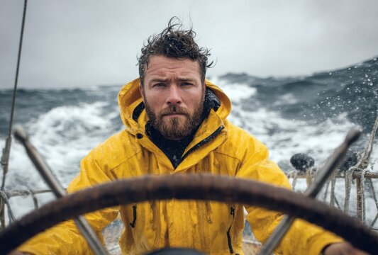 Determined man navigating a boat through rough waters during a stormy day