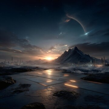 Futuristic sunrise illuminates snowy mountain peak above clouds with neon horizon glow, sci-fi inspired landscape, surreal cinematic 16:9 scene, cyberpunk sky tones, glowing snow textures, fantasy 