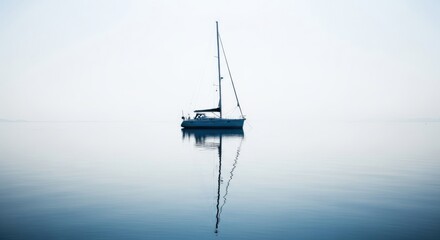 A yacht floats serenely on the still water, its reflection a mirror image