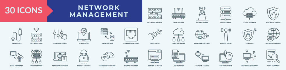Network Management icon collection set with  network switch, data router, signal tower, server rack, cloud storage, firewall shield
