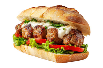 Kofta meatball sandwich with creamy tahini sauce, lettuce, tomatoes, parsley and onions on focaccia bread, isolated on white transparent background, concept of Modern Arabic lunch and street fast food