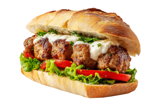 Kofta meatball sandwich with creamy tahini sauce, lettuce, tomatoes, parsley and onions on focaccia bread, isolated on white transparent background, concept of Modern Arabic lunch and street fast food