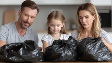 Family sorts trash for recycling at home in a modern kitchen during daylight hours