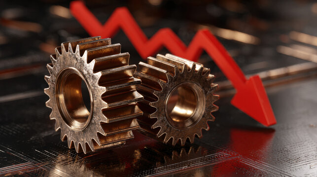 rusty gear wheels halting behind red descending arrow industrial slowdown idea illustration concept scene visual for commercial design use high detail quality stock image illustration concept scene