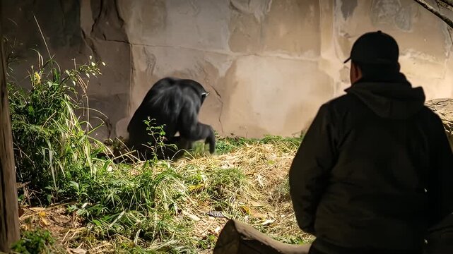 A man looks at a chimp in a zoo enclosure with grass and a rock-like backdrop