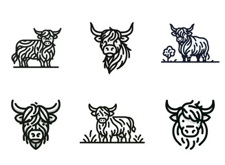 Scottish Highland Cattle Line Art Icons and Logo Elements Set