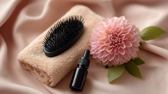 Beauty essentials arranged on soft fabric with a brush, flower, and oil for self-care routine