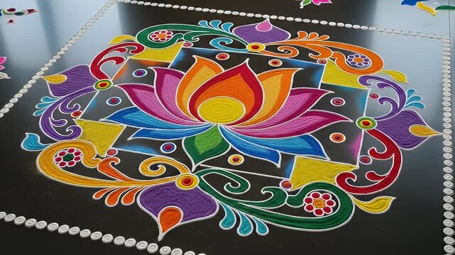 Ornate floor rangoli featuring a central lotus and swirling patterns in rainbow hues