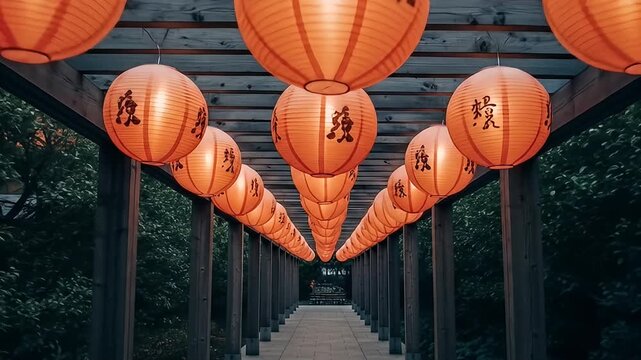 Tunnel with rows of round orange lanterns hanging from a wooden trellis structure