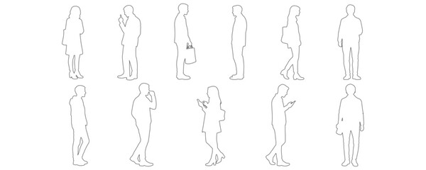 Outline drawing collection of people standing, walking, talking, and using smartphones, everyday casual human poses, black line art vector illustration for architecture drawings and design projects
