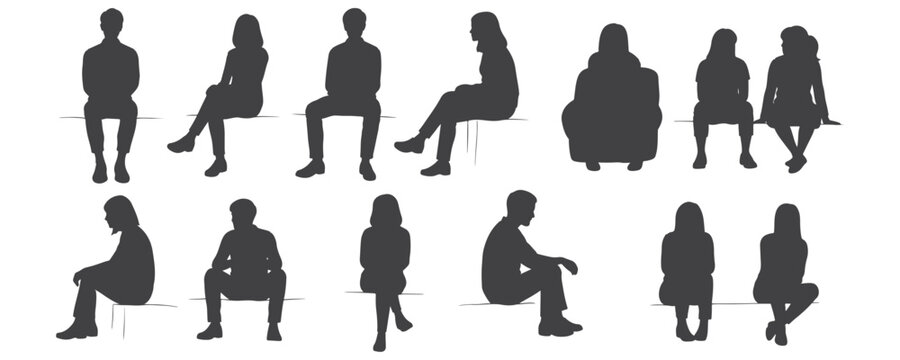 Silhouette collection of people sitting in casual everyday poses, men and women, minimal black vector illustration for architecture drawings and design projects