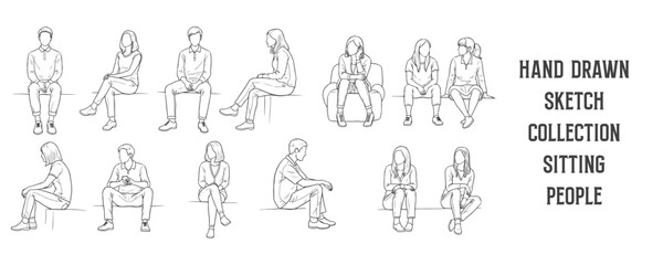 Hand drawn sketch collection of people sitting in casual everyday poses, men and women, black ink line art vector illustration for architecture drawings and design projects