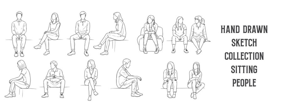 Hand drawn sketch collection of people sitting in casual everyday poses, men and women, black ink line art vector illustration for architecture drawings and design projects