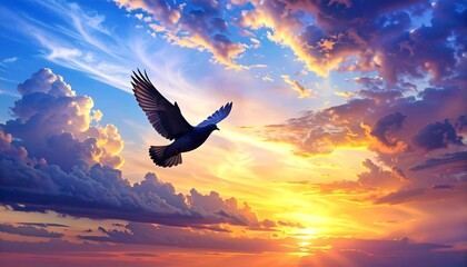 Fototapeta premium Majestic Dove Soaring Through a Vibrant Sunset Sky