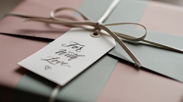 Wrapped present in dusty pink and sage green with a cream ribbon and handwritten tag