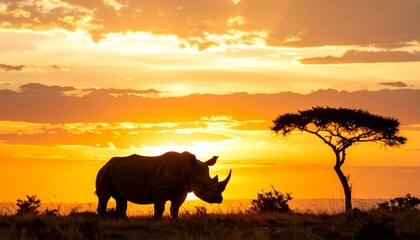 Rhino Silhouette at Sunset in African Savannah Nature's Majesty