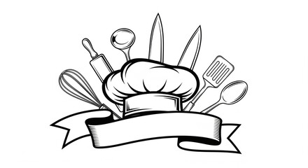 Professional Chef's Hat with Kitchen Utensils and Blank Ribbon Banner, Culinary Arts Concept, Isolated transparent background