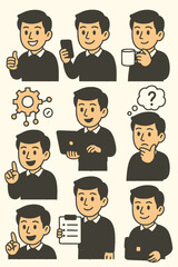 Cartoonish Handdrawn Man Character in Different Poses and Situations Illustration Set