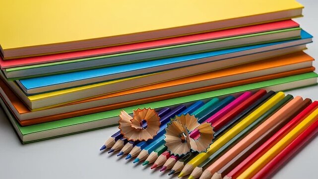 Stack of colorful notebooks and matching pencils sit on a white surface