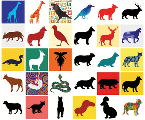 Colorful Artistic Silhouette Animal Collection with Diverse Species in Simple Design