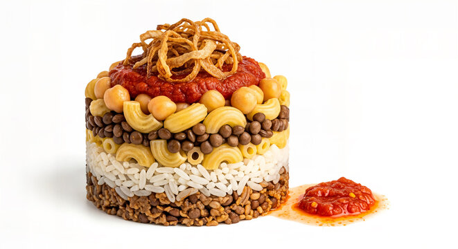 Koshari, a traditional layered Egyptian dish with rice, lentils, and pasta. Vegan Koshari food with tomato sauce and crispy onions, Koshari isolated on a white background.