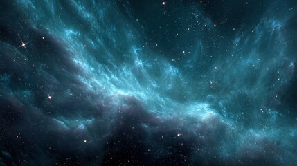 High quality photo of vibrant blue nebula swirls with distant stars in deep space.