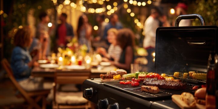 Festive outdoor market scene with colorful lights, food stalls, and cheerful crowd